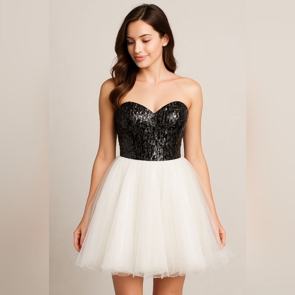 delia*s Strapless Sequin Bodice Tulle Dress Black White Courset 9 Formal Fairy